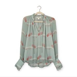 Jonathan Simkhai Aqua Silk Floral Print Ruffle Trim Long Sleeve Blouse